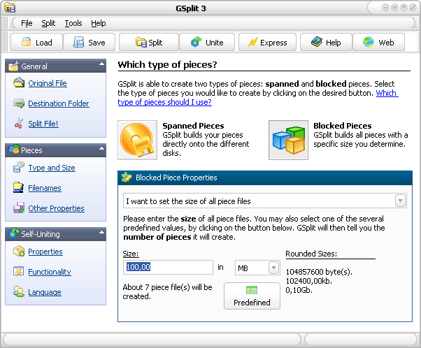 GSplit free file splitter to create pieces