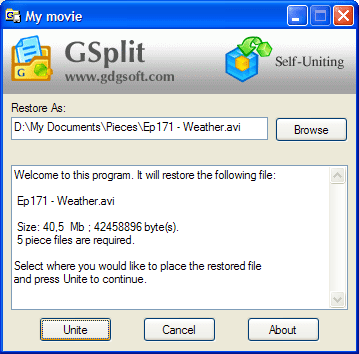 GSplit Self-Uniting to join pieces back to file